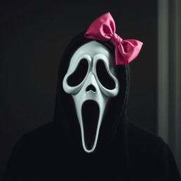 A playful reinterpretation of the iconic character Ghostface from the 'Scream' series, featuring him with a bright, colorful bow elegantly perched on his head