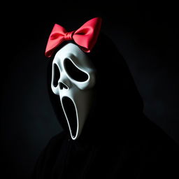 A playful reinterpretation of the iconic character Ghostface from the 'Scream' series, featuring him with a bright, colorful bow elegantly perched on his head