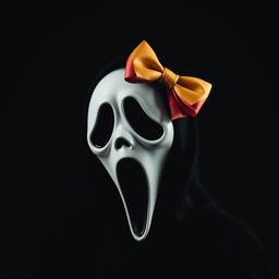 A playful reinterpretation of the iconic character Ghostface from the 'Scream' series, featuring him with a bright, colorful bow elegantly perched on his head