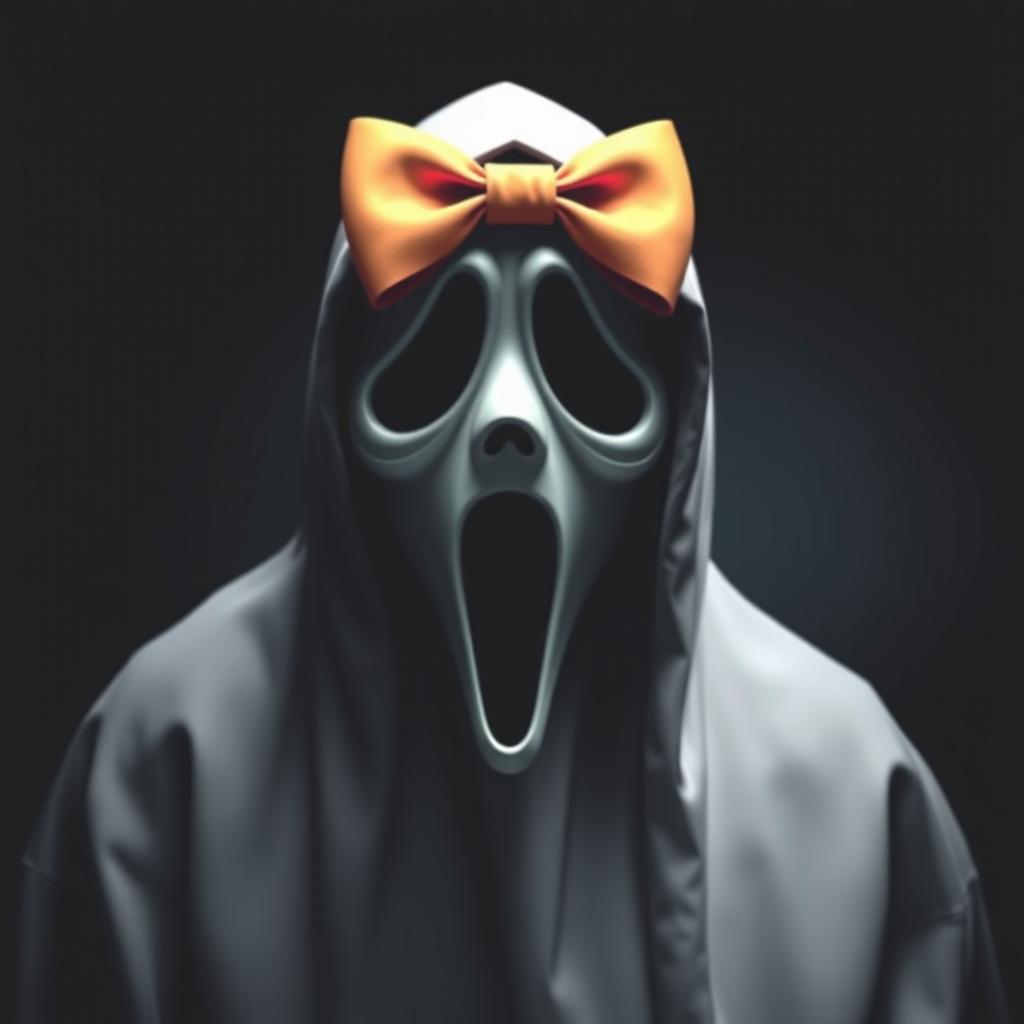 A playful reinterpretation of the iconic character Ghostface from the 'Scream' series, featuring him with a bright, colorful bow elegantly perched on his head