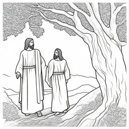 An engrossing colouring book page depicting Jesus walking towards a man who is perched high up in a tree, perhaps in anticipation