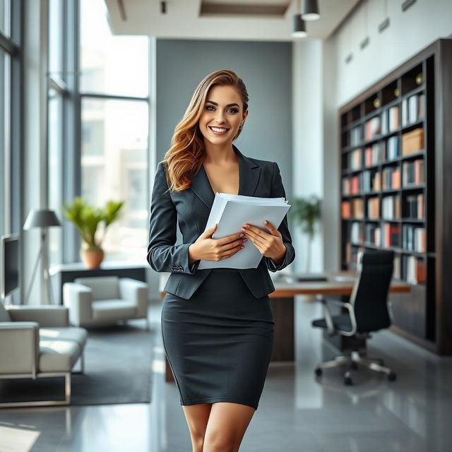 A stylish and alluring scene featuring an attractive female secretary in a modern office environment