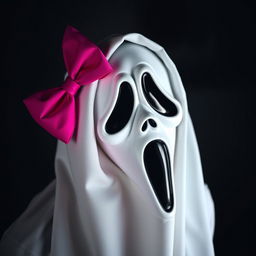 A creative rendition of the iconic character Ghostface from the 'Scream' series, featuring a bright pink bow stylishly positioned on the right side of his head