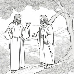 An engrossing colouring book page depicting Jesus walking towards a man who is perched high up in a tree, perhaps in anticipation