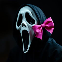A creative rendition of the iconic character Ghostface from the 'Scream' series, featuring a bright pink bow stylishly positioned on the right side of his head