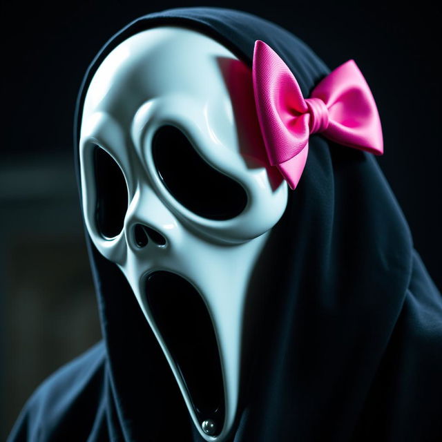 A creative rendition of the iconic character Ghostface from the 'Scream' series, featuring a bright pink bow stylishly positioned on the right side of his head