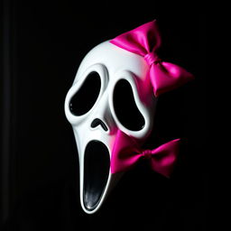 A creative rendition of the iconic character Ghostface from the 'Scream' series, featuring a bright pink bow stylishly positioned on the right side of his head