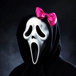A creative portrayal of Ghostface from the 'Scream' series, featuring a striking pink bow stylishly placed on the right side of his head, complemented by a classic black hood that frames his face