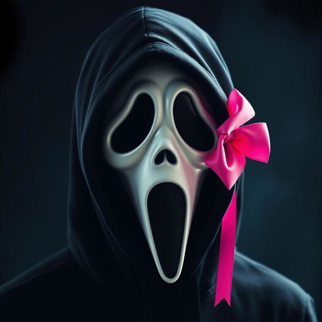 A creative portrayal of Ghostface from the 'Scream' series, featuring a striking pink bow stylishly placed on the right side of his head, complemented by a classic black hood that frames his face