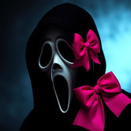 A creative portrayal of Ghostface from the 'Scream' series, featuring a striking pink bow stylishly placed on the right side of his head, complemented by a classic black hood that frames his face