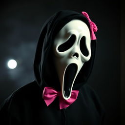 A creative portrayal of Ghostface from the 'Scream' series, featuring a striking pink bow stylishly placed on the right side of his head, complemented by a classic black hood that frames his face