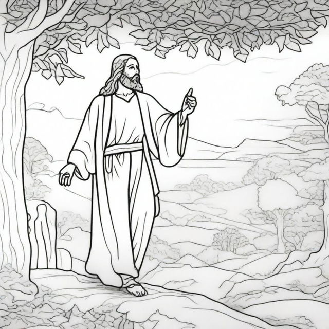 An engrossing colouring book page depicting Jesus walking towards a man who is perched high up in a tree, perhaps in anticipation