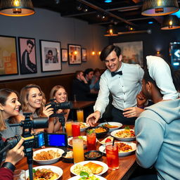 An energetic and lively scene set in a trendy restaurant, where a charismatic waiter is attentively serving a group of popular YouTubers