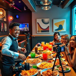 An energetic and lively scene set in a trendy restaurant, where a charismatic waiter is attentively serving a group of popular YouTubers