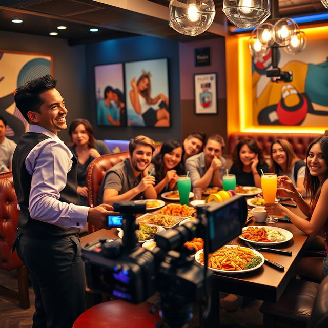 An energetic and lively scene set in a trendy restaurant, where a charismatic waiter is attentively serving a group of popular YouTubers