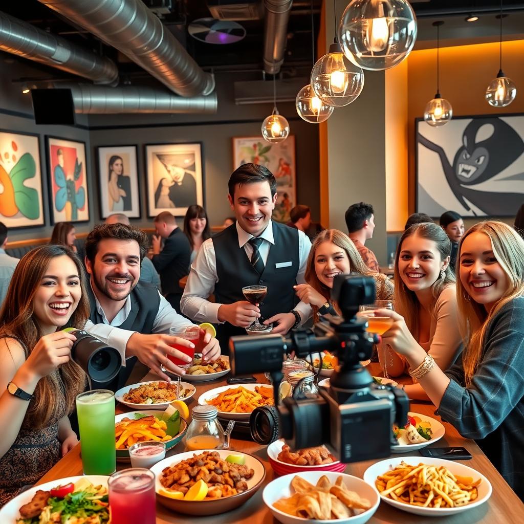 An energetic and lively scene set in a trendy restaurant, where a charismatic waiter is attentively serving a group of popular YouTubers