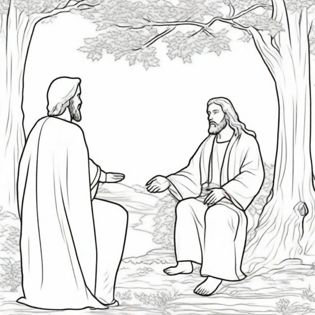 A colouring book page illustrating Jesus confidently approaching a tree, where a man is sitting high up, watching Him.