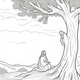 A colouring book page illustrating Jesus confidently approaching a tree, where a man is sitting high up, watching Him.