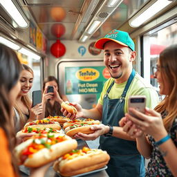 A vibrant and fun scene set in a food truck specializing in hot dogs, where an enthusiastic waiter is serving a group of popular YouTubers