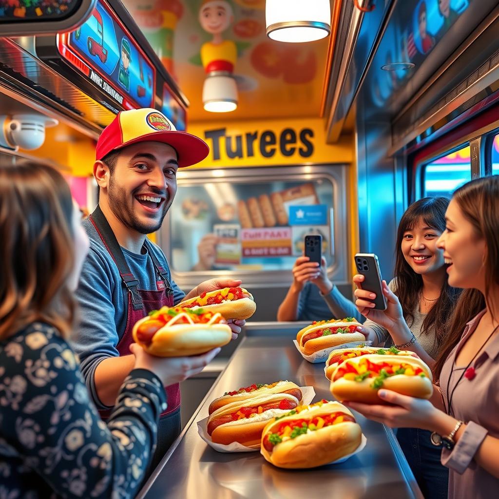 A vibrant and fun scene set in a food truck specializing in hot dogs, where an enthusiastic waiter is serving a group of popular YouTubers