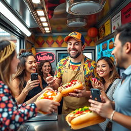 A vibrant and fun scene set in a food truck specializing in hot dogs, where an enthusiastic waiter is serving a group of popular YouTubers