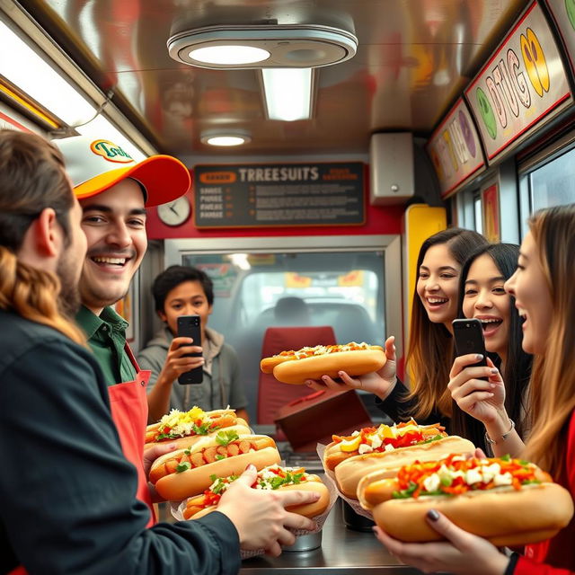 A vibrant and fun scene set in a food truck specializing in hot dogs, where an enthusiastic waiter is serving a group of popular YouTubers