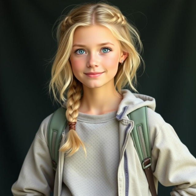 Hanna is a light blonde girl with shoulder-length wavy hair, often styled in a casual braid or a high ponytail