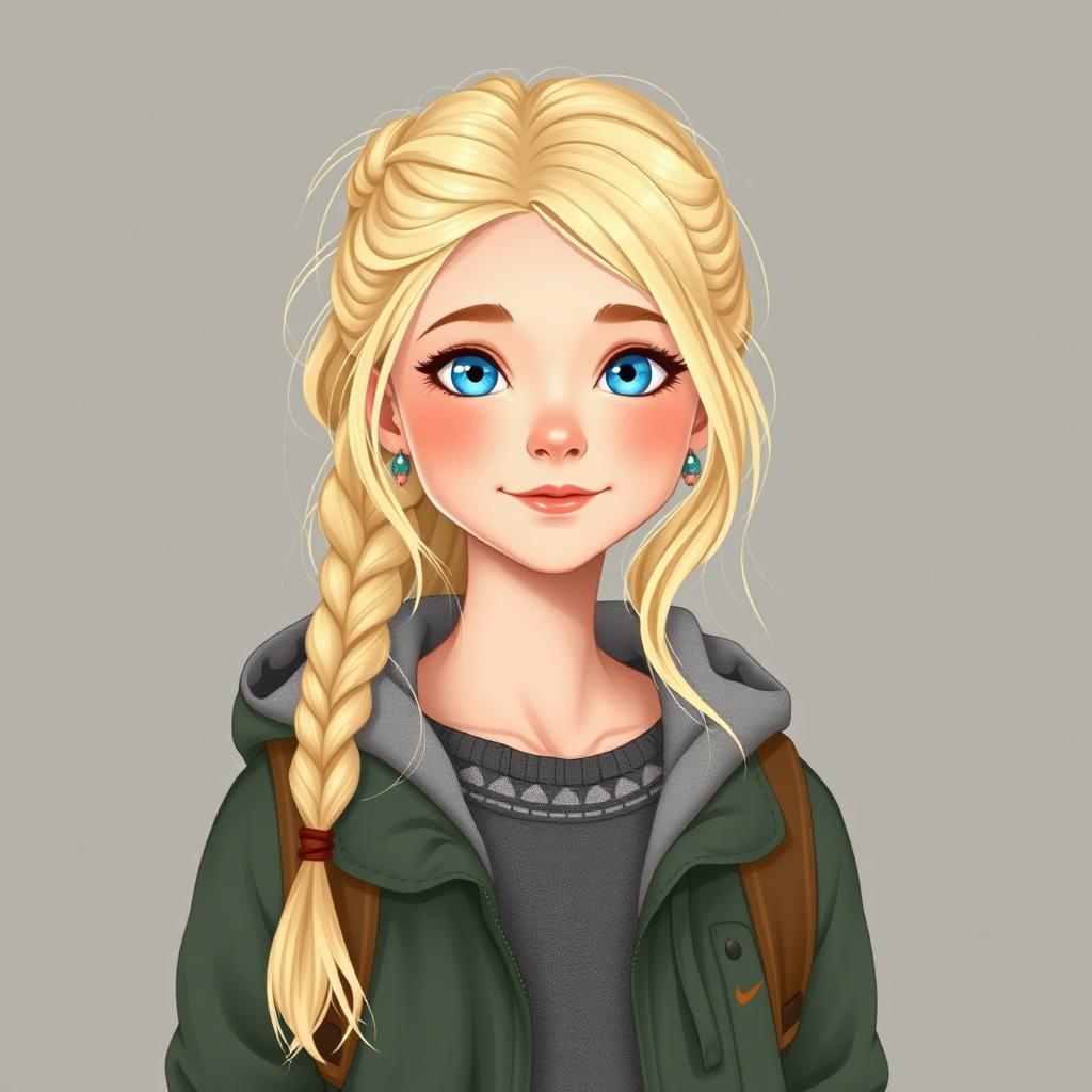 Hanna is a light blonde girl with shoulder-length wavy hair, often styled in a casual braid or a high ponytail