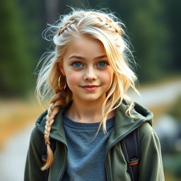 Hanna is a light blonde girl with shoulder-length wavy hair, often styled in a casual braid or a high ponytail