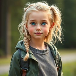 Hanna is a light blonde girl with shoulder-length wavy hair, often styled in a casual braid or a high ponytail