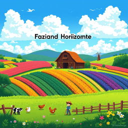 A beautiful pixel art depiction of a farm, called "Fazenda Horizonte", surrounded by rolling hills and lush greenery