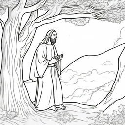 A colouring book page illustrating Jesus confidently approaching a tree, where a man is sitting high up, watching Him.