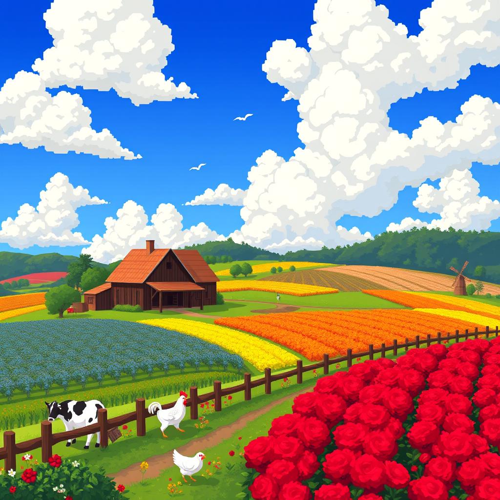 A beautiful pixel art depiction of a farm, called "Fazenda Horizonte", surrounded by rolling hills and lush greenery