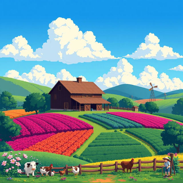 A beautiful pixel art depiction of a farm, called "Fazenda Horizonte", surrounded by rolling hills and lush greenery