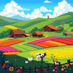 A beautiful pixel art depiction of a farm, called "Fazenda Horizonte", surrounded by rolling hills and lush greenery
