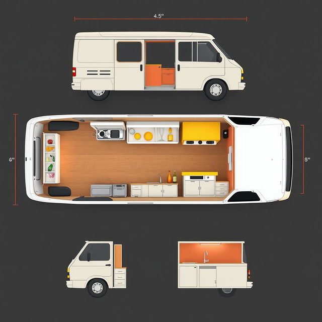 Create a 3D layout plan of a cocktail sales minivan cart with dimensions of 4