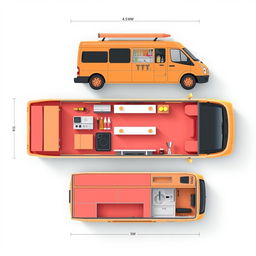 Create a 3D layout plan of a cocktail sales minivan cart with dimensions of 4