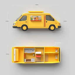 Create a 3D layout plan of a cocktail sales minivan cart with dimensions of 4
