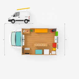 Create a 3D layout plan of a cocktail sales minivan cart with dimensions of 4