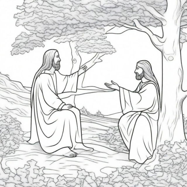 A colouring book page illustrating Jesus confidently approaching a tree, where a man is sitting high up, watching Him.