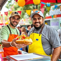 A lively and colorful scene featuring a hot dog vendor serving the popular YouTuber Ibai in a festive outdoor setting