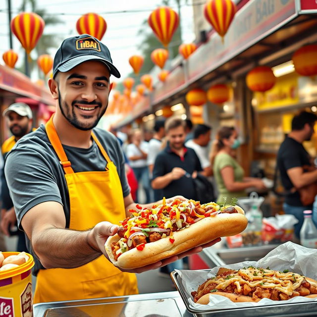 A lively and colorful scene featuring a hot dog vendor serving the popular YouTuber Ibai in a festive outdoor setting