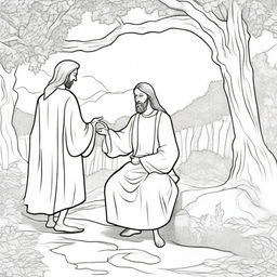 A colouring book page that shows an engaging biblical scene where Jesus is moving towards a man seated up in a tree.