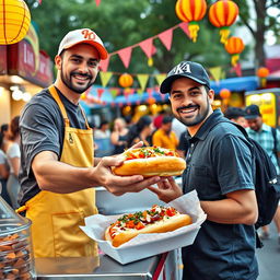 A lively and colorful scene featuring a hot dog vendor serving the popular YouTuber Ibai in a festive outdoor setting