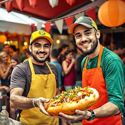 A lively and colorful scene featuring a hot dog vendor serving the popular YouTuber Ibai in a festive outdoor setting