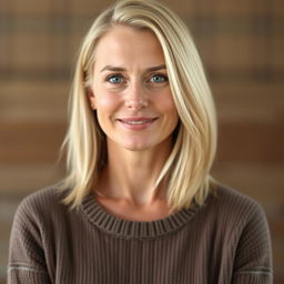 A woman over 30 with shoulder-length light blonde hair and warm blue eyes that radiate kindness