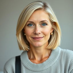 A woman over 30 with shoulder-length light blonde hair and warm blue eyes that radiate kindness