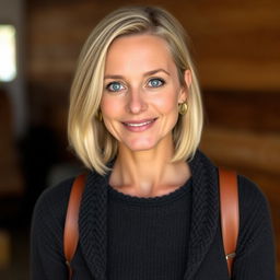 A woman over 30 with shoulder-length light blonde hair and warm blue eyes that radiate kindness