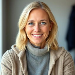 A woman over 30 with shoulder-length light blonde hair and warm blue eyes that radiate kindness