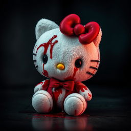A vividly detailed scene featuring a Hello Kitty plush toy that is covered in blood stains, presented at a 0